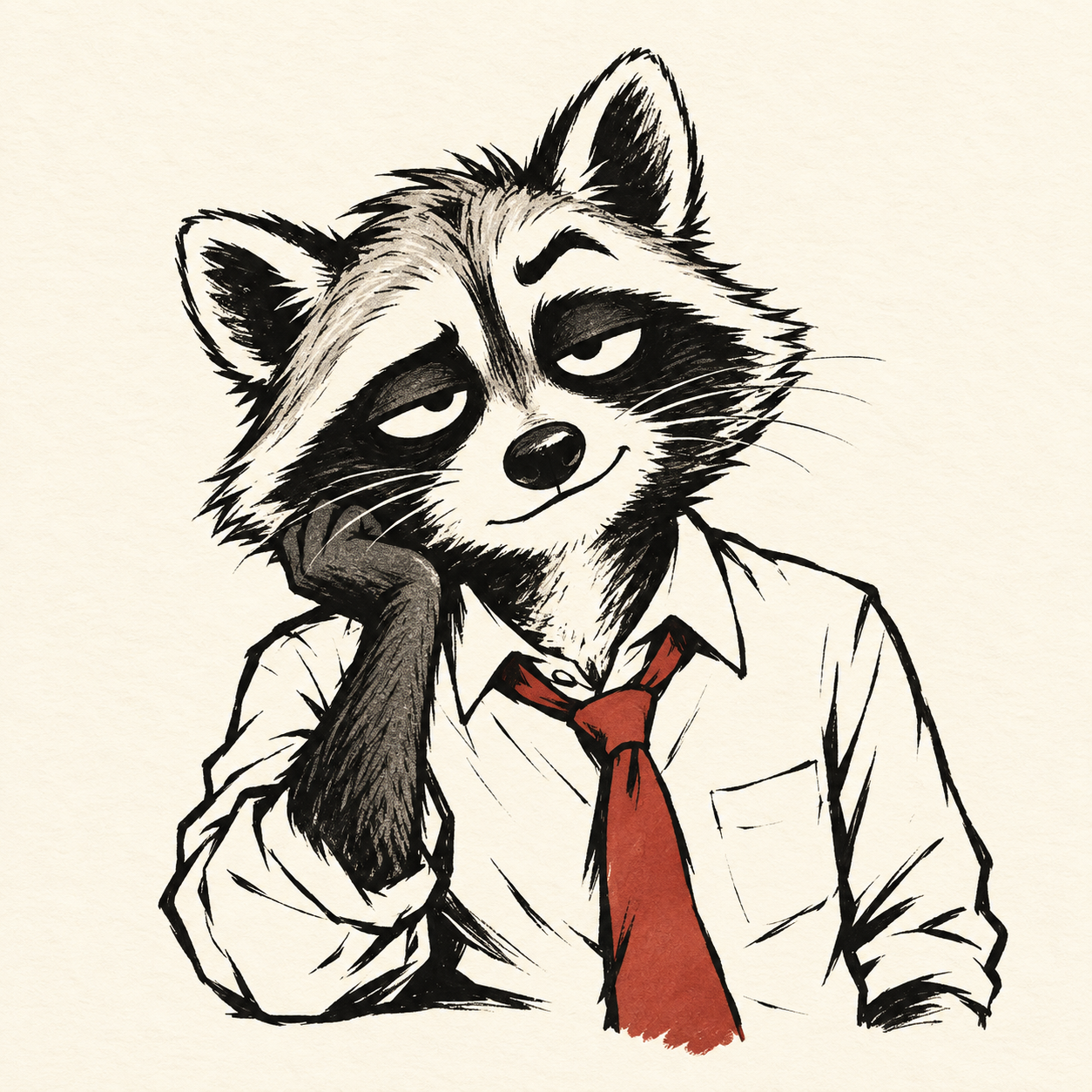 A tired office raccoon wearing a crooked rust-red tie, drawn in bold black ink